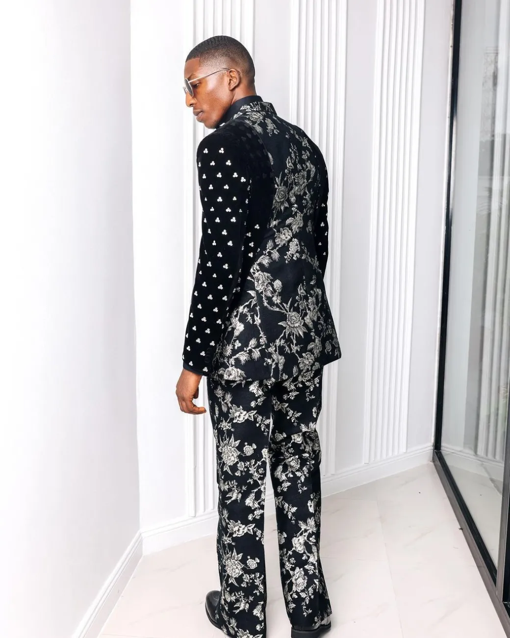 A “Vegas 1”, Floral pattern jacquard, shoulder wrap and sleeve with Swarovski peak Lapel tux suit