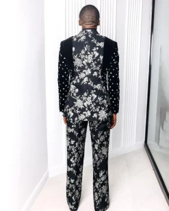 A “Vegas 1”, Floral pattern jacquard, shoulder wrap and sleeve with Swarovski peak Lapel tux suit