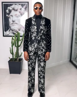 A “Vegas 1”, Floral pattern jacquard, shoulder wrap and sleeve with Swarovski peak Lapel tux suit