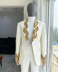 A “Vegas” Monochrome Ivory White Shawl Lapel Tuxedo Suit