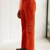 A Vermilion Orange Corduroy, Zip-Line Detailing, Boot-Cut Pant Trousers
