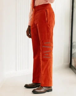 A Vermilion Orange Corduroy, Zip-Line Detailing, Boot-Cut Pant Trousers