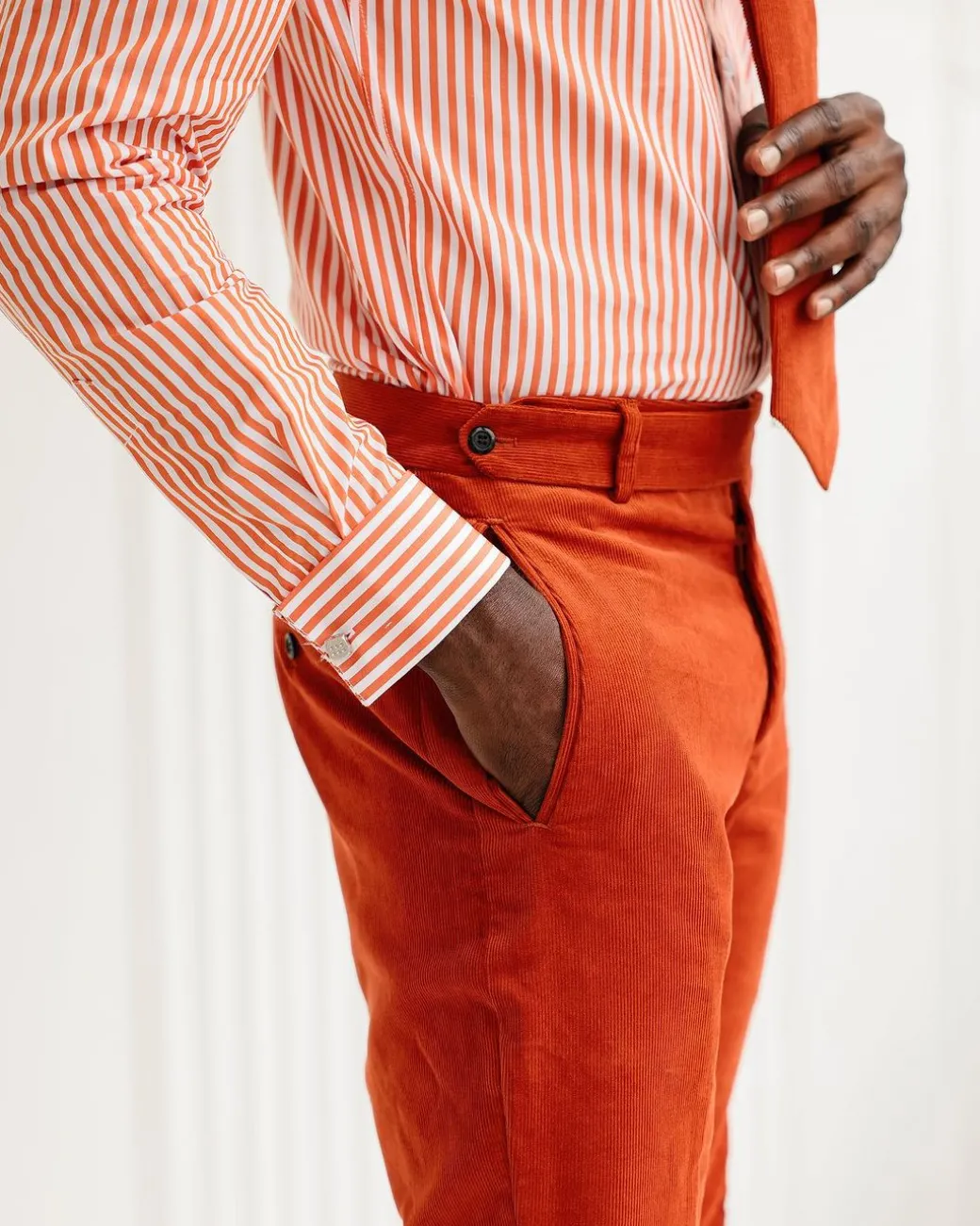 A Vermillion Orange And ivory Stripe, English Spread Collar Business Shirt