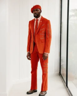 A Vermillion Orange Corduroy Notch Lapel With Gold Zipping Details Suit