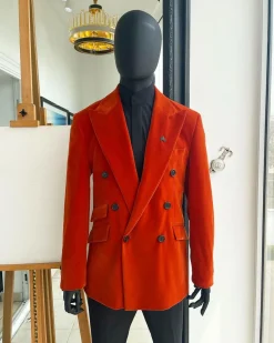 A vermillion Orange, soaked Italian velvet, double breasted, Lower Cut suit