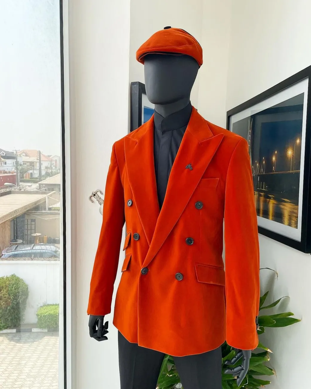 A vermillion Orange, soaked Italian velvet, double breasted, Lower Cut suit