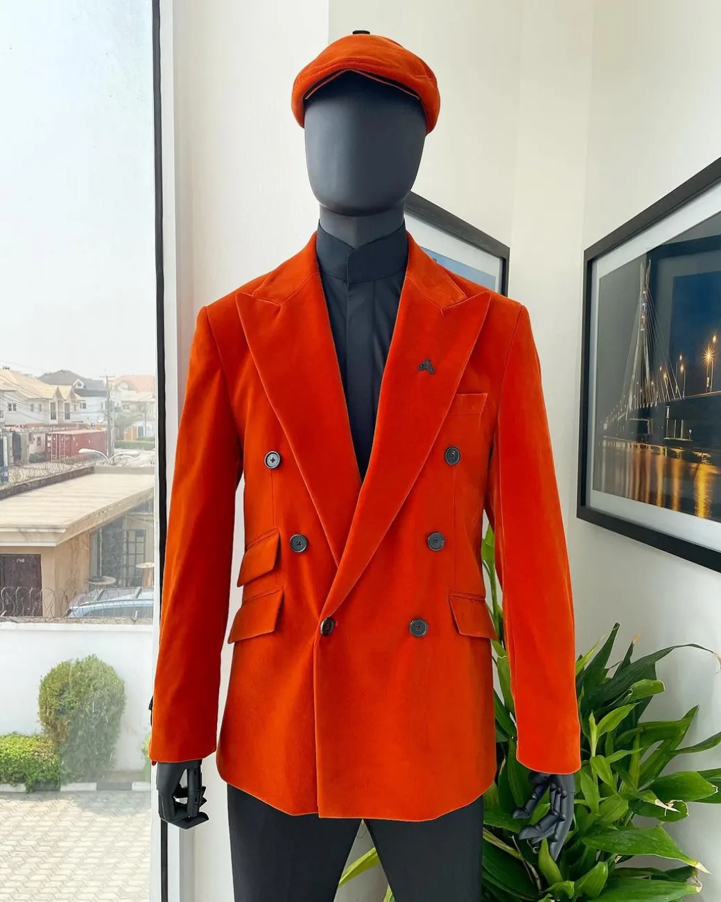 A vermillion Orange, soaked Italian velvet, double breasted, Lower Cut suit