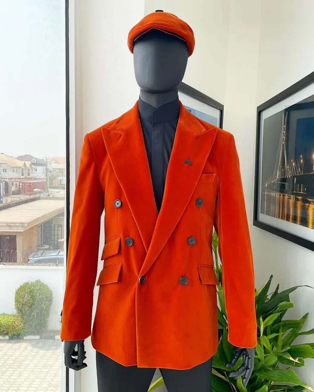 A vermillion Orange, soaked Italian velvet, double breasted, Lower Cut suit