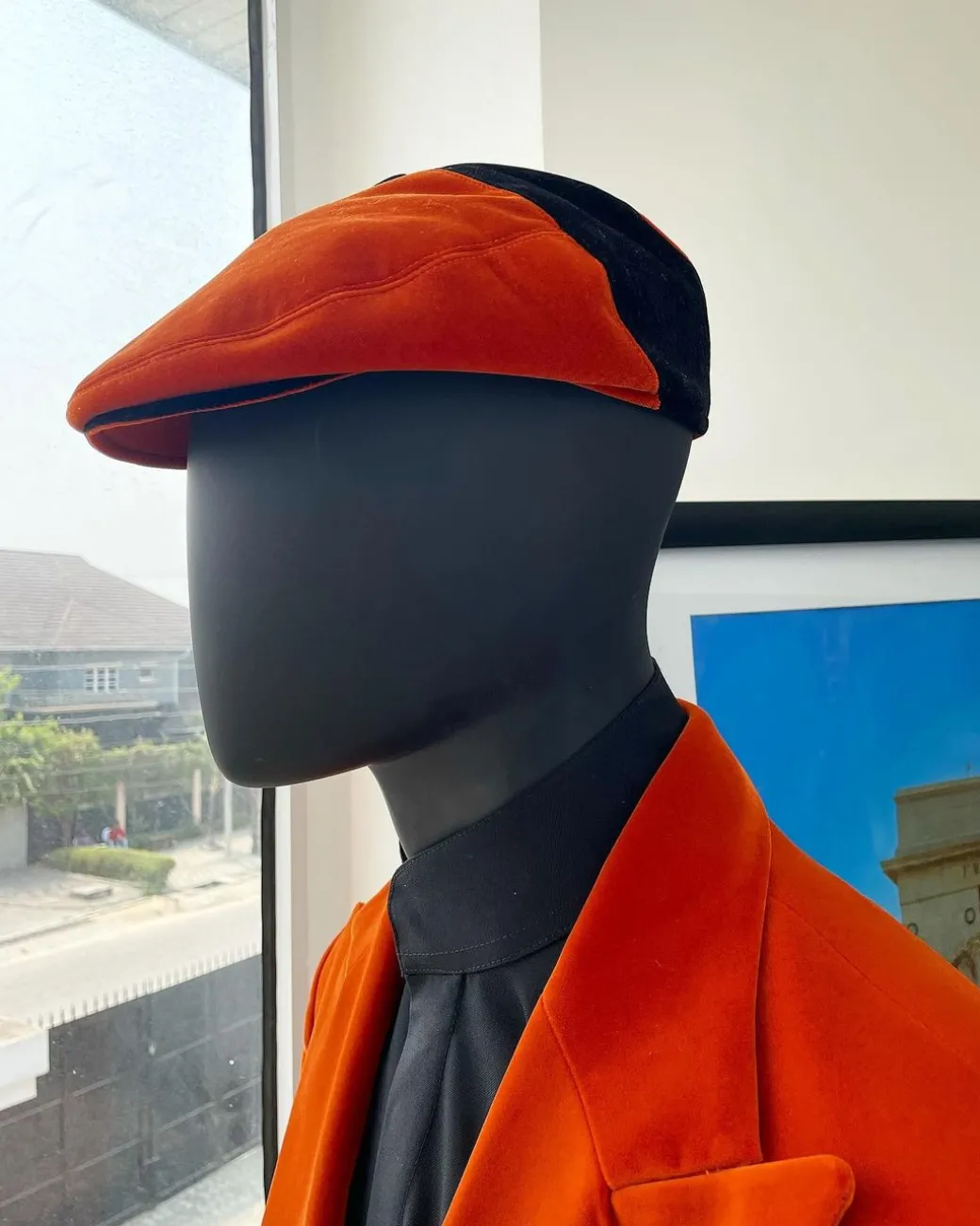 A vermillion Orange, soaked Italian velvet, double breasted, Lower Cut suit