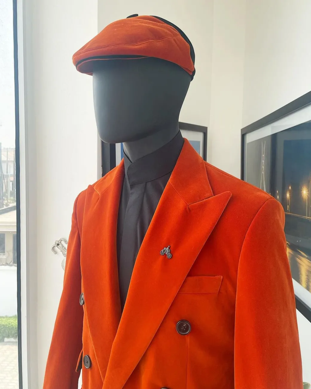 A vermillion Orange, soaked Italian velvet, double breasted, Lower Cut suit