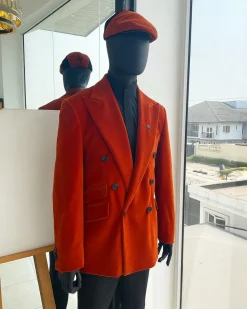 A vermillion Orange, soaked Italian velvet, double breasted, Lower Cut suit
