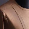 A walnut brown, rectangular front layered embroidery, long sleeve African senator kaftan native.