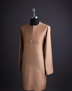A walnut brown, rectangular front layered embroidery, long sleeve African senator kaftan native.