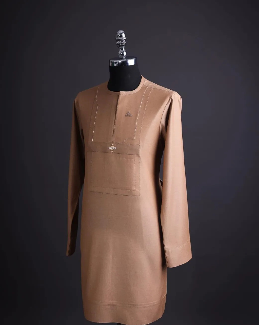 A walnut brown, rectangular front layered embroidery, long sleeve African senator kaftan native.