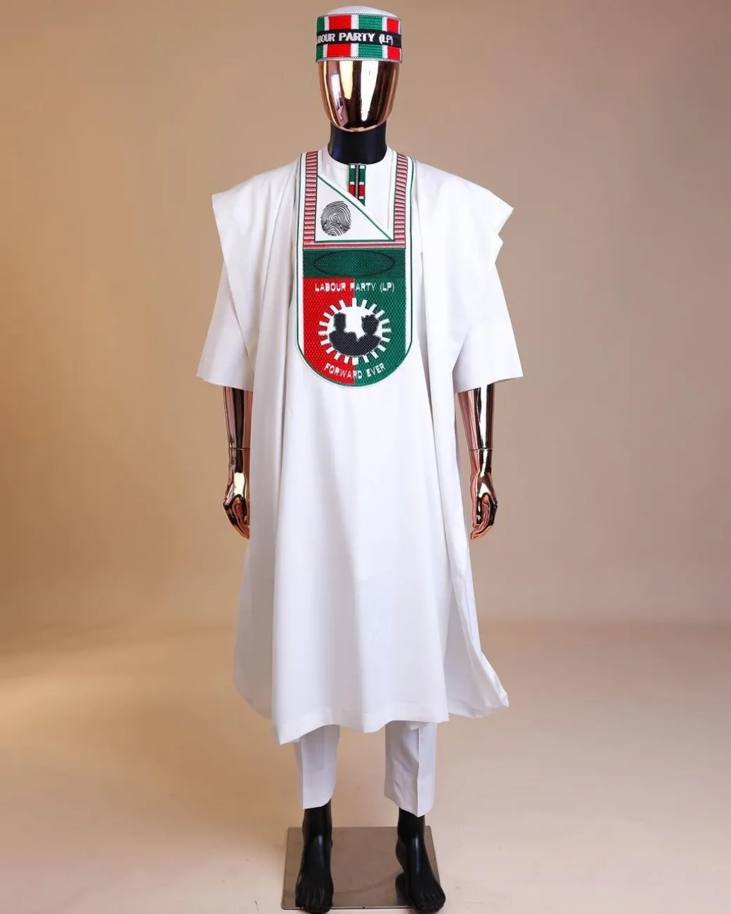 A White , LP(Labour Party) Pattern Embroidery Agbada