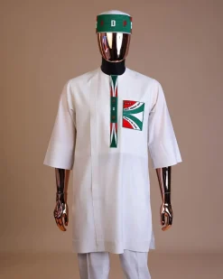 A white , PDP (People Democratic Party) pattern embroidery, 3/4 sleeve African senator kaftan native.