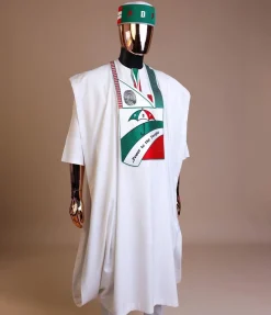 A White , PDP (People Democratic Party) pattern embroidery agbada