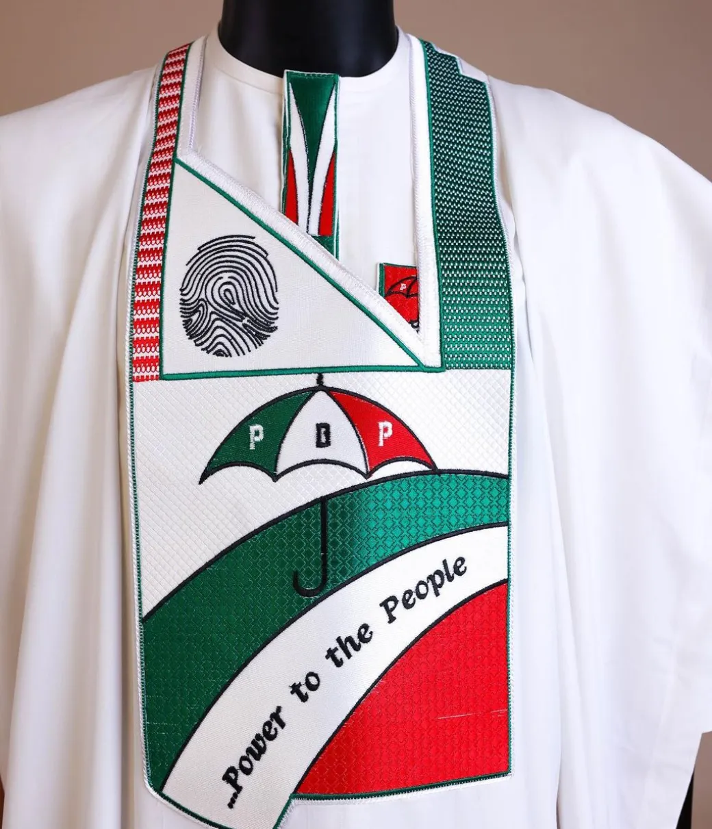 A White , PDP (People Democratic Party) pattern embroidery agbada