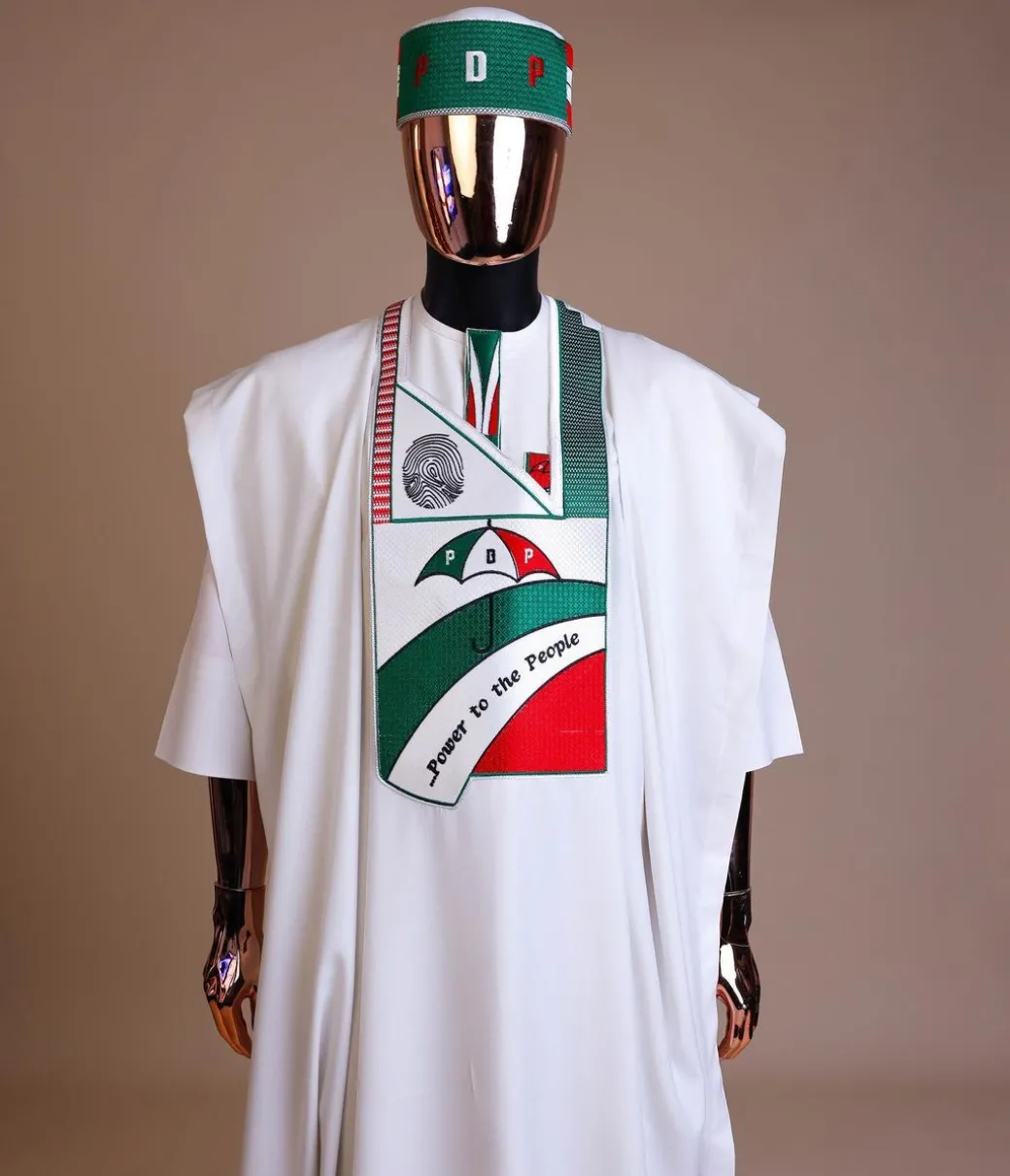 A White , PDP (People Democratic Party) pattern embroidery agbada