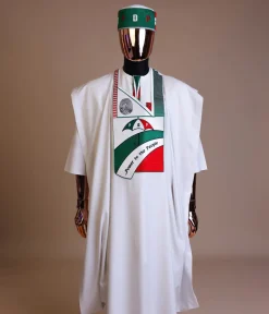 A White , PDP (People Democratic Party) pattern embroidery agbada