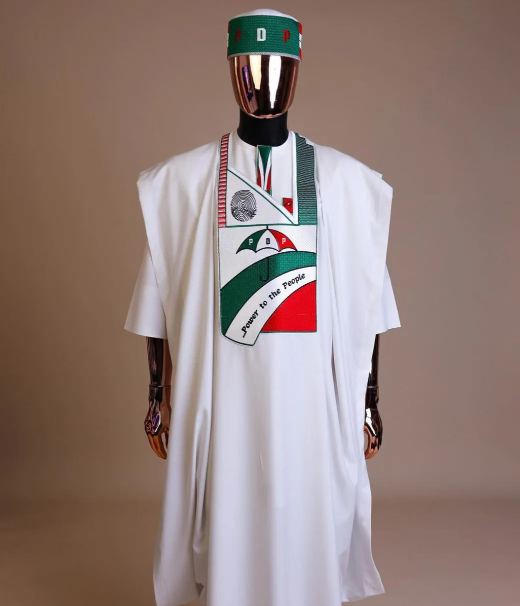 A White , PDP (People Democratic Party) pattern embroidery agbada