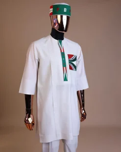 A white , PDP (People Democratic Party) pattern embroidery, 3/4 sleeve African senator kaftan native.