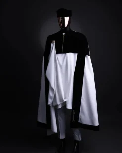 A white & black tragbada, zipline cape, long sleeve African senator kaftan native, Open cut Hat & sokoto