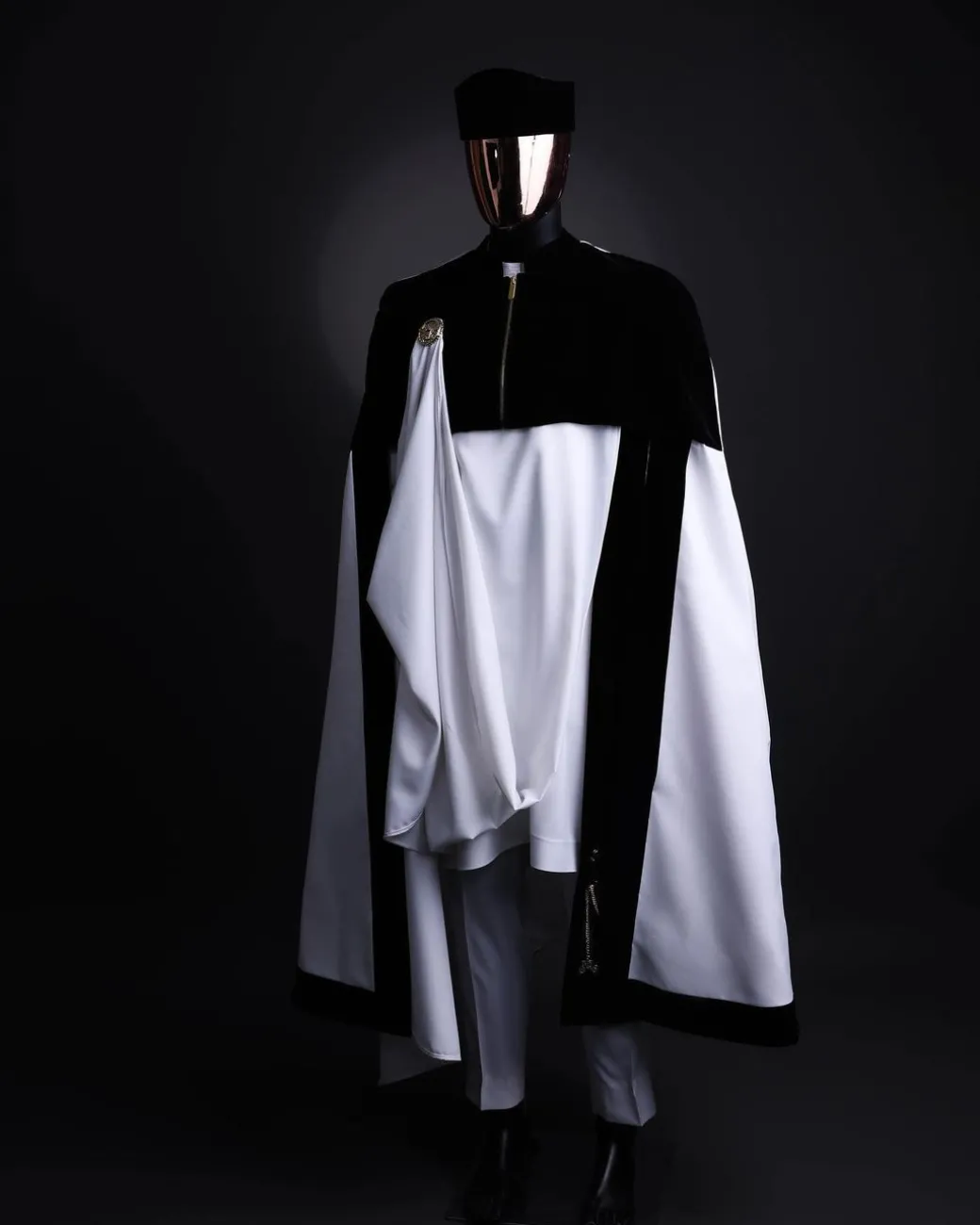 A white & black tragbada, zipline cape, long sleeve African senator kaftan native, Open cut Hat & sokoto