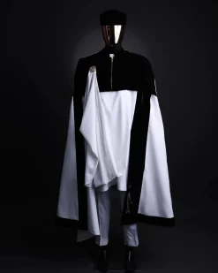 A white & black tragbada, zipline cape, long sleeve African senator kaftan native, Open cut Hat & sokoto