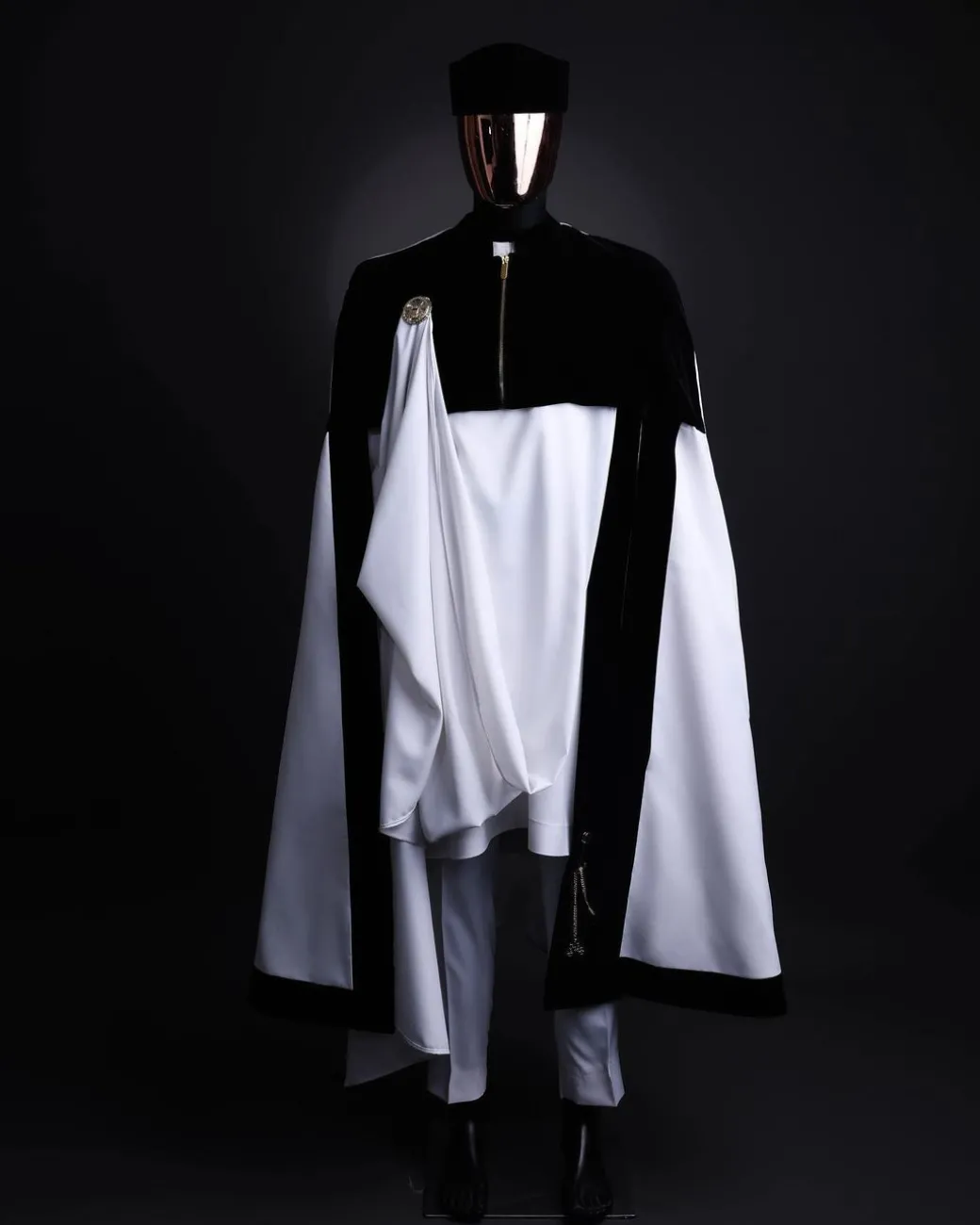 A white & black tragbada, zipline cape, long sleeve African senator kaftan native, Open cut Hat & sokoto