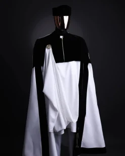 A white & black tragbada, zipline cape, long sleeve African senator kaftan native, Open cut Hat & sokoto