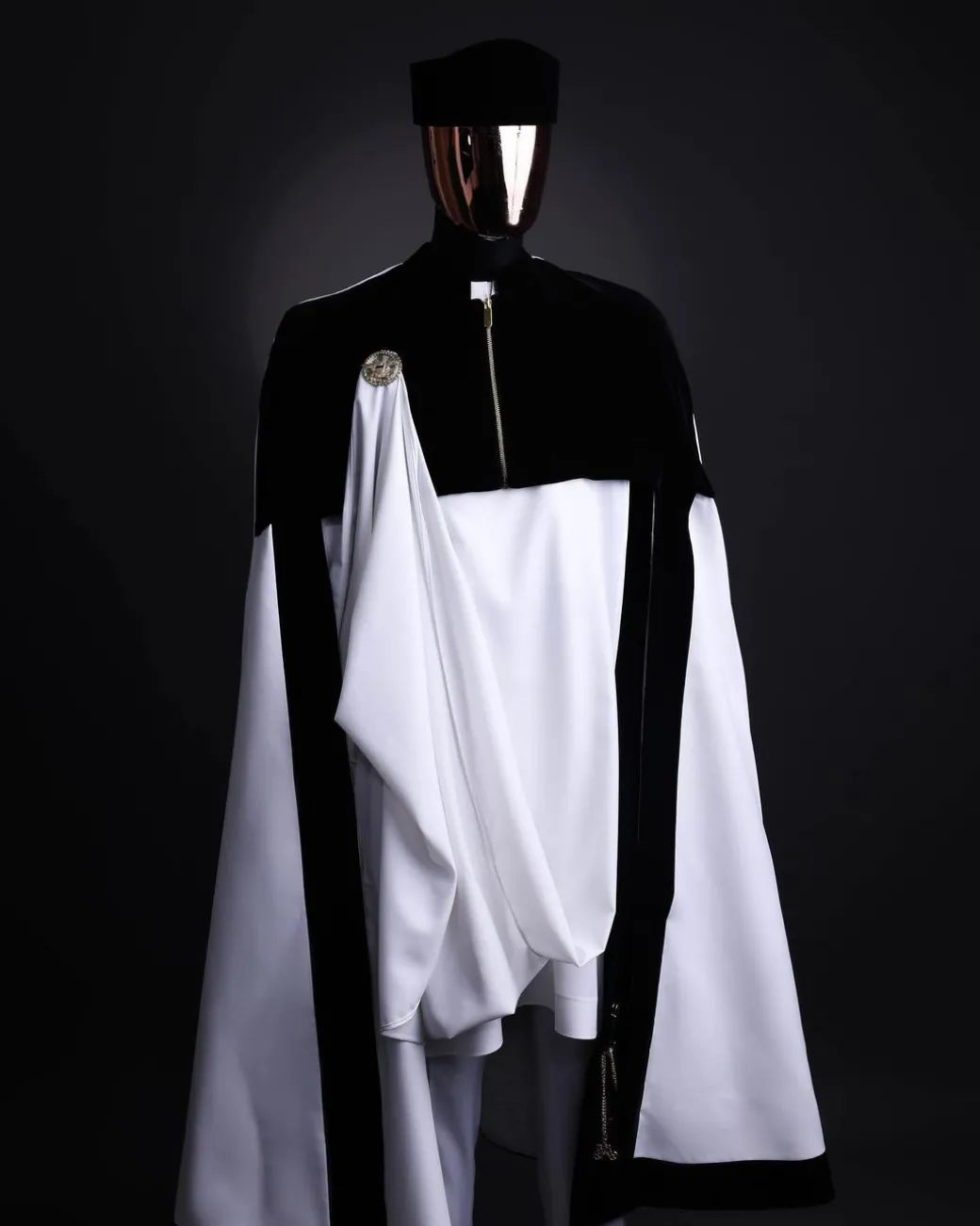 A white & black tragbada, zipline cape, long sleeve African senator kaftan native, Open cut Hat & sokoto