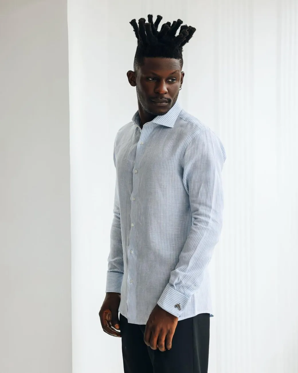 A White & Sky Blue Pencil Stripe Linen Casual Shirt.