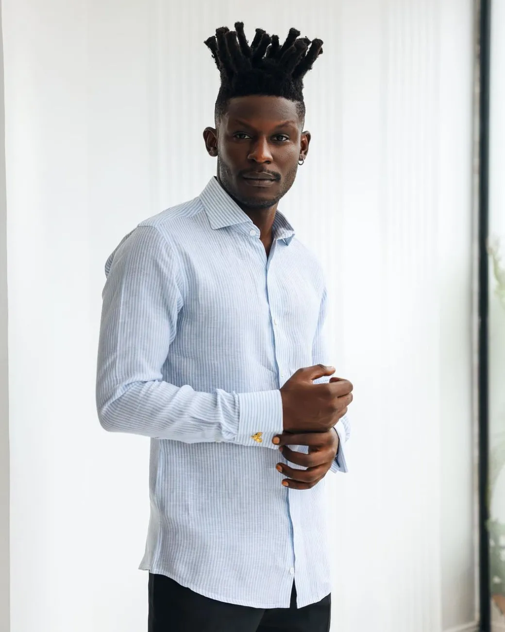 A White & Sky Blue Pencil Stripe Linen Casual Shirt.