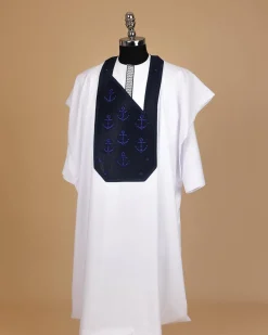 A White, Anchor Embroidery Details Agbada