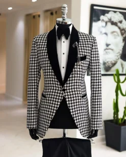 A White and black houndstooth, velvet shawl lapel tuxedo suit