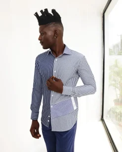 A White And Blue Mixed Stripe Shirt.