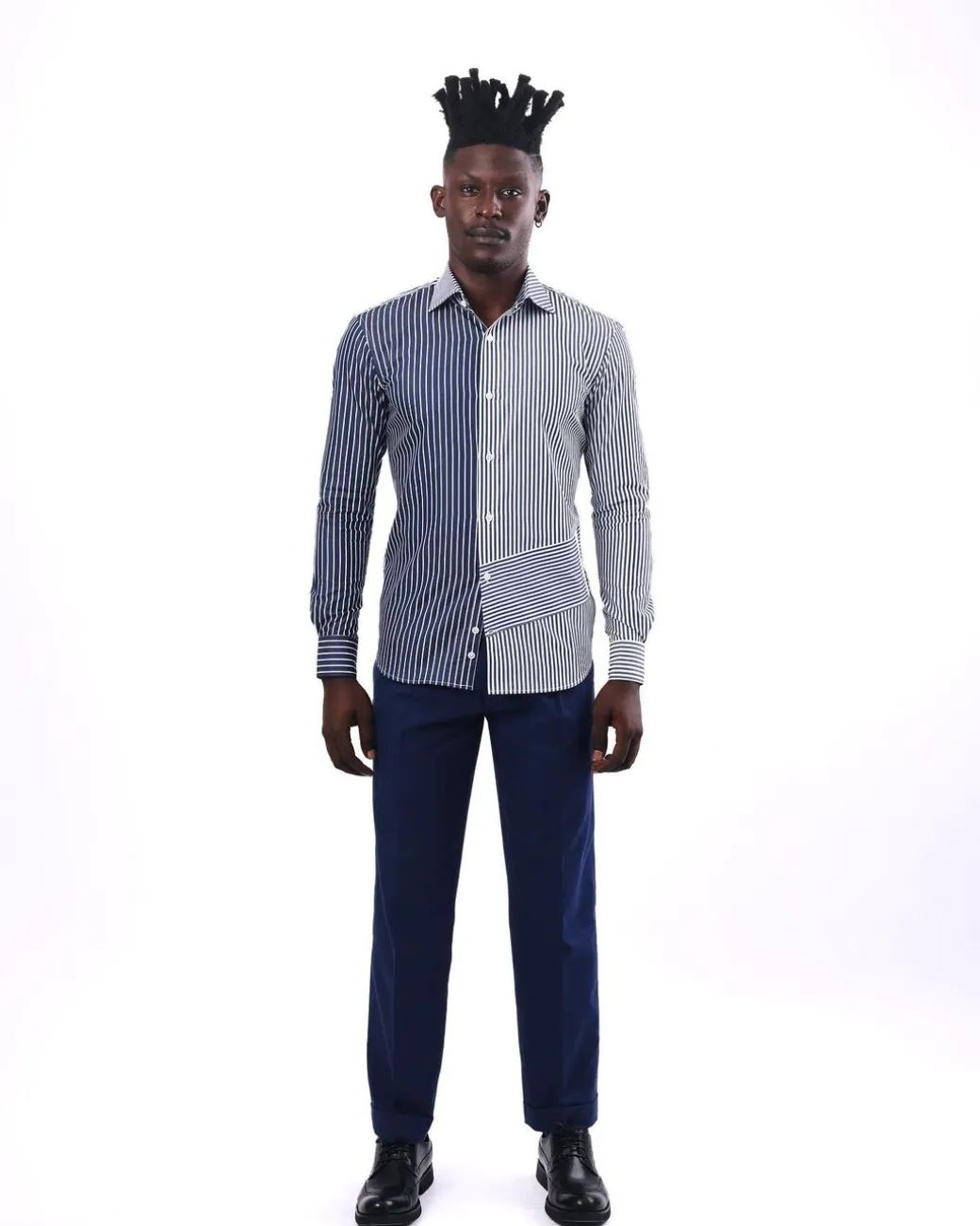A White And Blue Mixed Stripe Shirt.