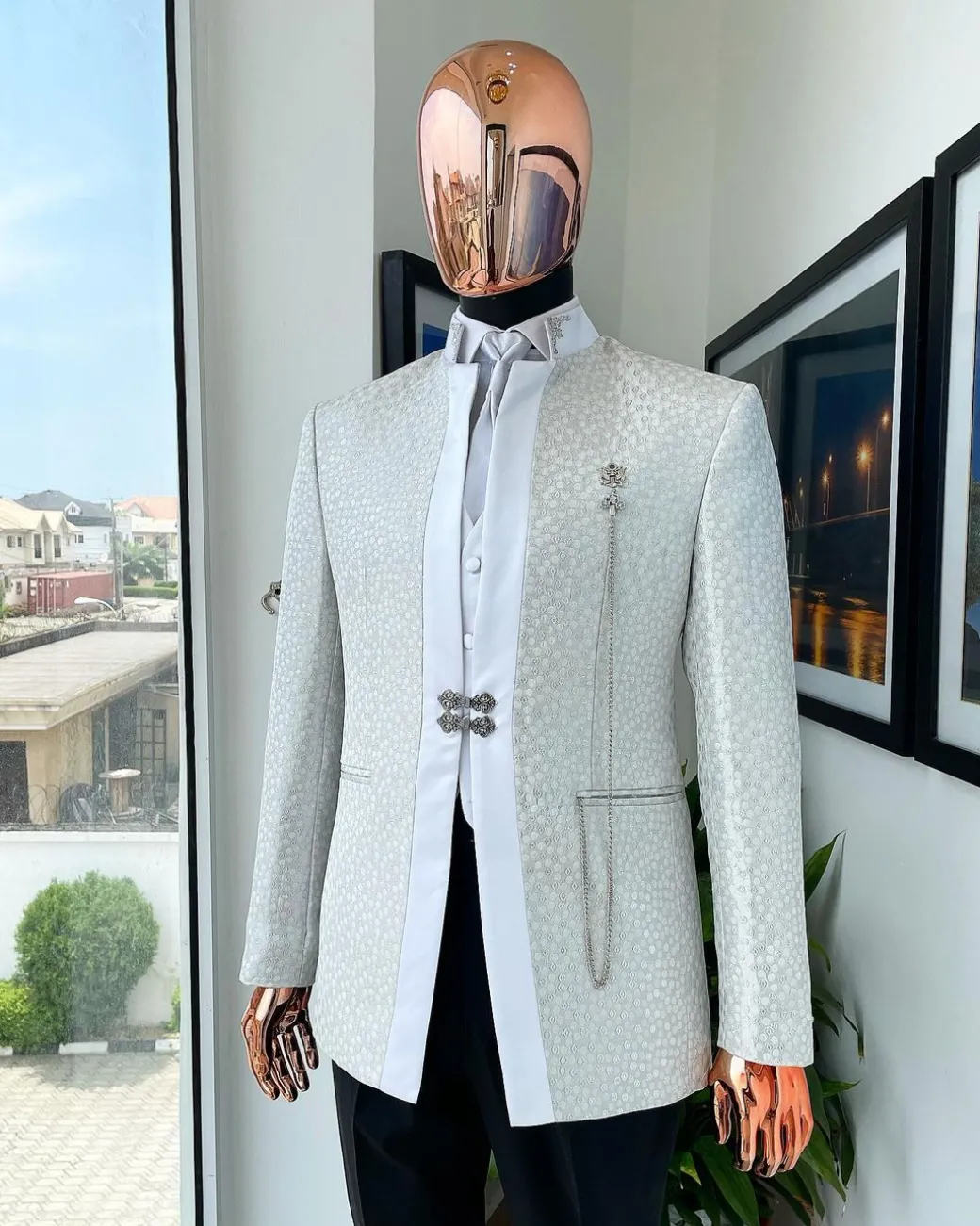A White and Silver Metallic circle pattern jacquard Suit