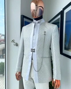 A White and Silver Metallic circle pattern jacquard Suit