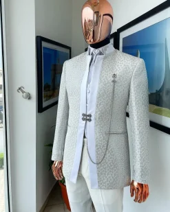 A White and Silver Metallic circle pattern jacquard Suit