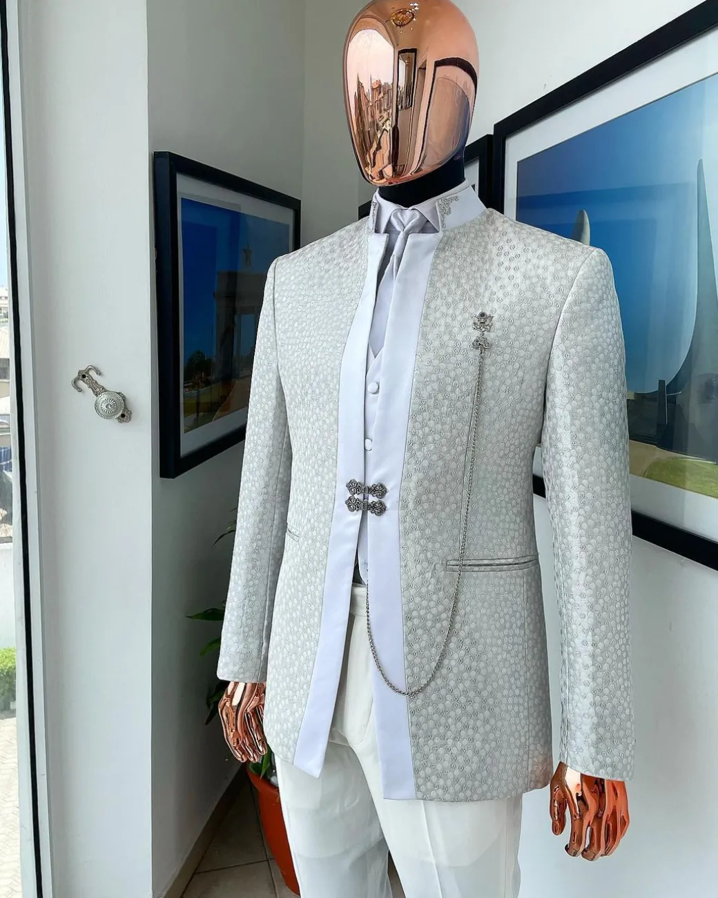 A White and Silver Metallic circle pattern jacquard Suit