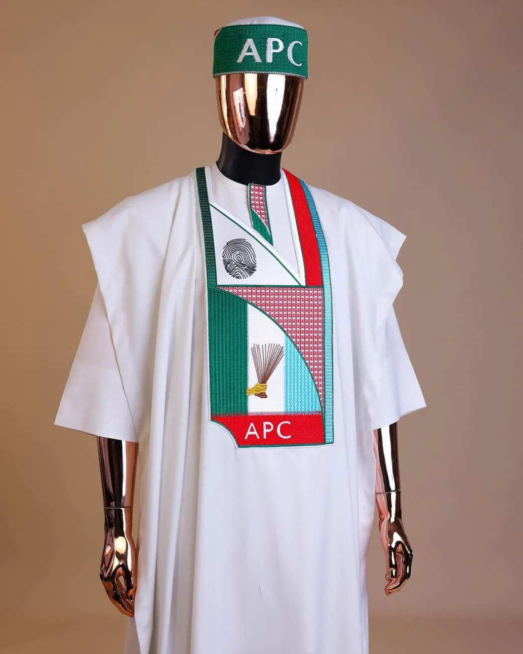 A White ,APC ( All Progressive Congress) pattern embroidery agbada