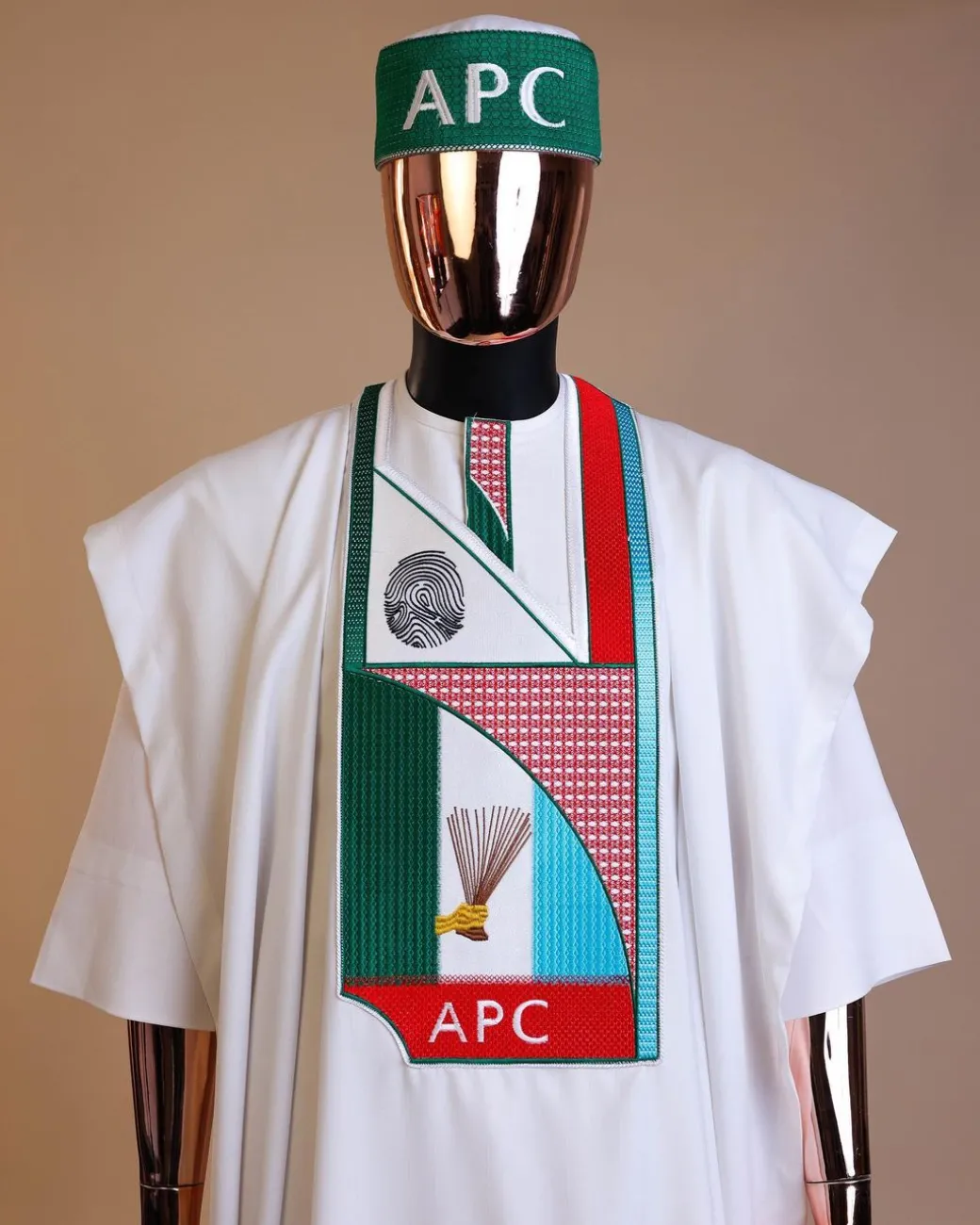 A White ,APC ( All Progressive Congress) pattern embroidery agbada