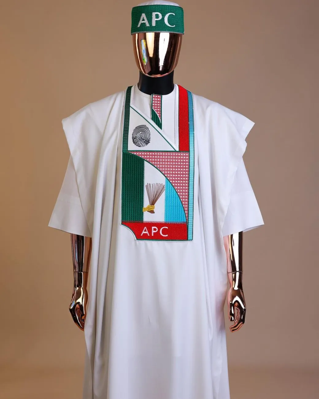 A White ,APC ( All Progressive Congress) pattern embroidery agbada