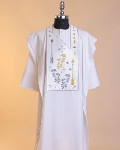 A White, arrow and floral metallic wire embroidery design with ss30 and ss20 gold and grey Swarovski stone details agbada