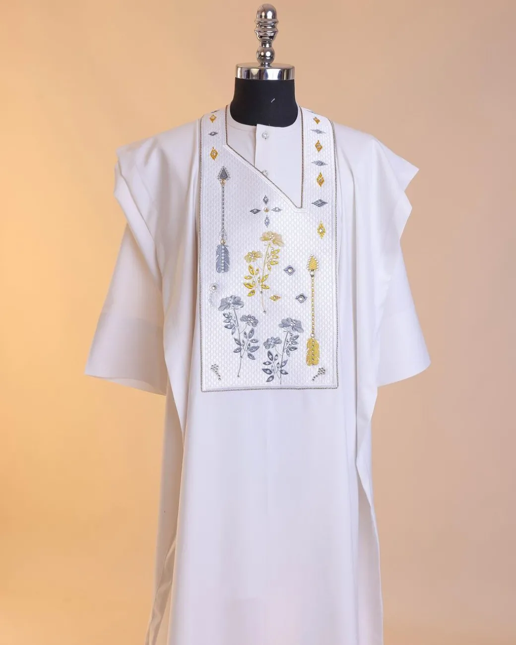 A White, arrow and floral metallic wire embroidery design with ss30 and ss20 gold and grey Swarovski stone details agbada