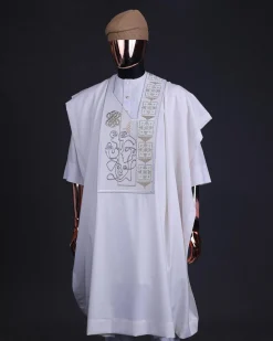A white, connected faces renaissance maze embroidery details agbada