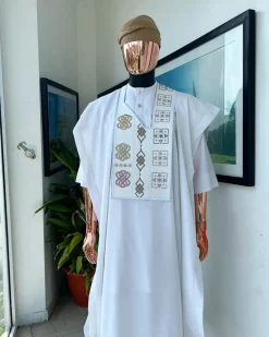 A White, connected square & renaissance maze embroidery details agbada