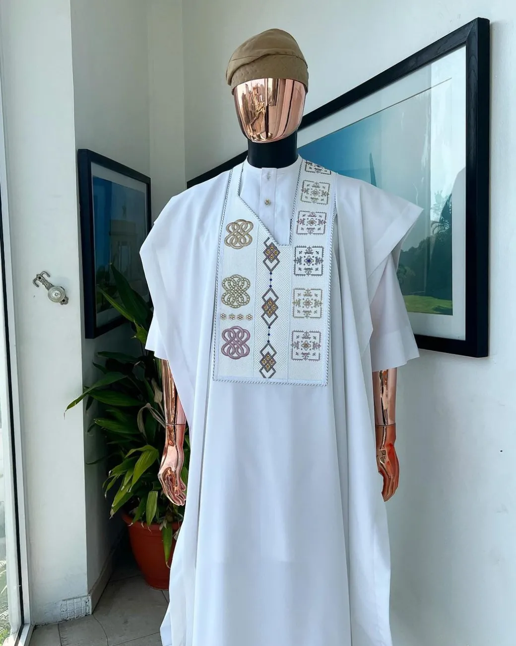 A White, connected square & renaissance maze embroidery details agbada